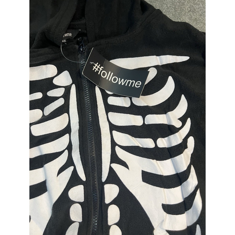 Fleece Skeleton Zip-Up One-Piece Costume Halloween Body Suit With Hood XXL